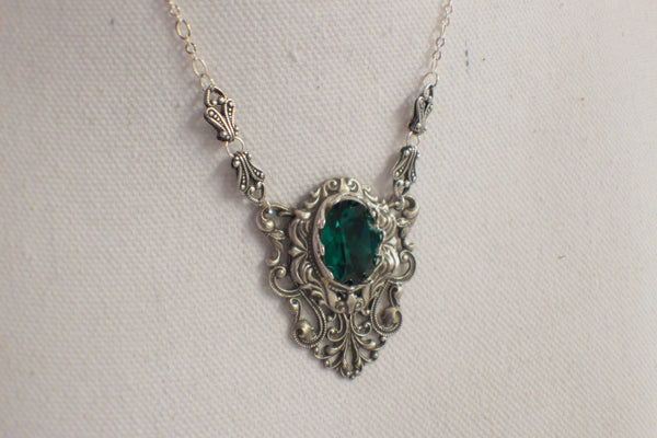 Gothic Emerald Swarovski Crystal and Filigree Necklace