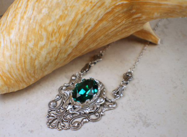 Gothic Emerald Swarovski Crystal and Filigree Necklace