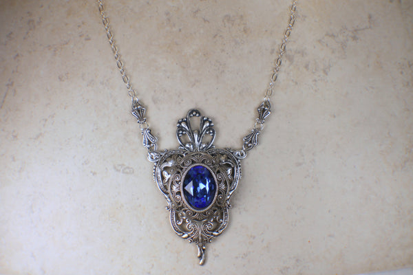Sapphire Blue Swarovski Crystal and Filigree Pendant