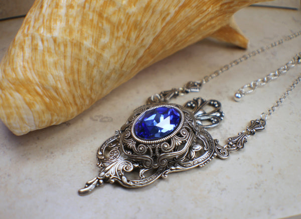 Sapphire Blue Swarovski Crystal and Filigree Pendant