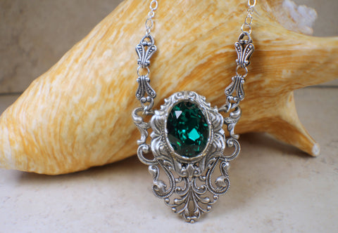 Gothic Emerald Swarovski Crystal and Filigree Necklace