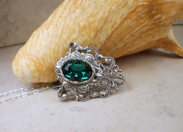 Gothic Emerald Swarovski Crystal and Filigree Necklace