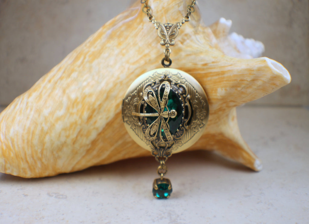 Emerald Swarovski Crystal Photo Locket with Dragonfly