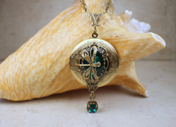 Emerald Swarovski Crystal Photo Locket with Dragonfly