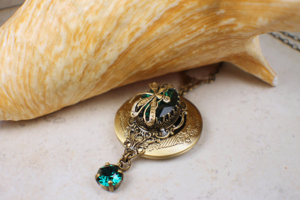 Emerald Swarovski Crystal Photo Locket with Dragonfly
