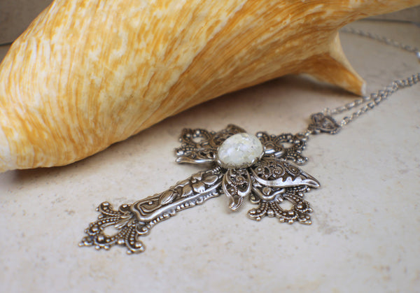 Silver Butterfly Cross With White Glass Opal