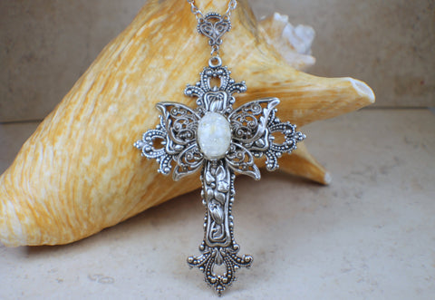 Silver Butterfly Cross With White Glass Opal