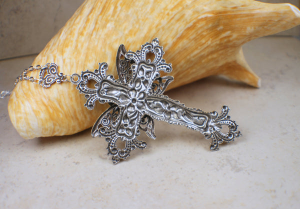 Silver Butterfly Cross With White Glass Opal