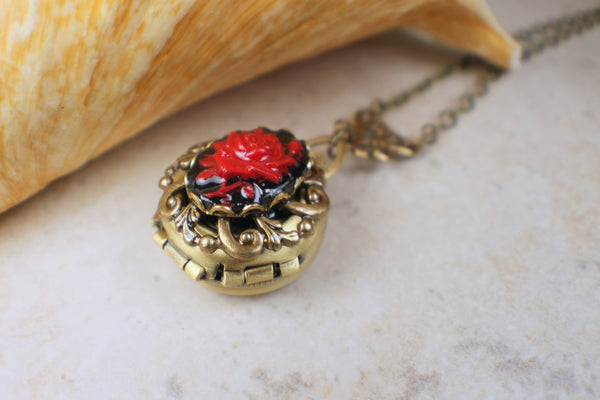 Red Rose Cameo Photo Locket Bronze