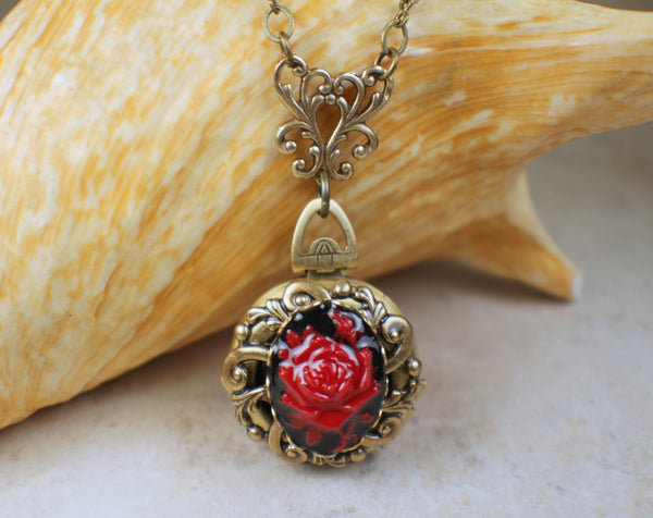 Red Rose Cameo Photo Locket Bronze