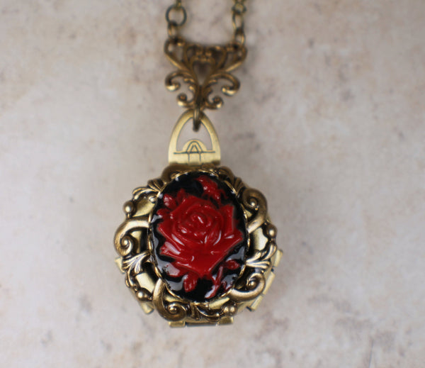 Red Rose Cameo Photo Locket Bronze