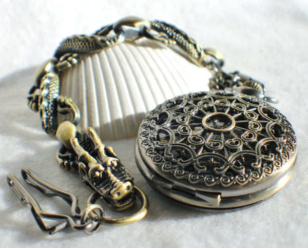 Bronze dragon pocket watch, men's mechanical  pocket watch with dragon watch fob. - Char's Favorite Things - 2