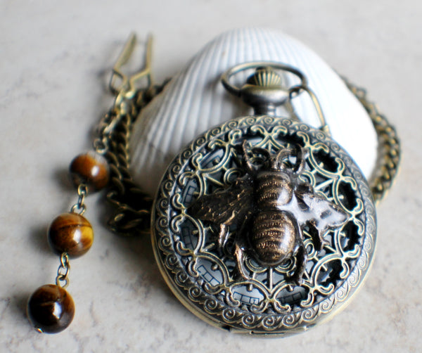 Bumble bee pocket watch,  men's bumble bee pocket watch with tiger eye beads on watch chain - Char's Favorite Things - 2