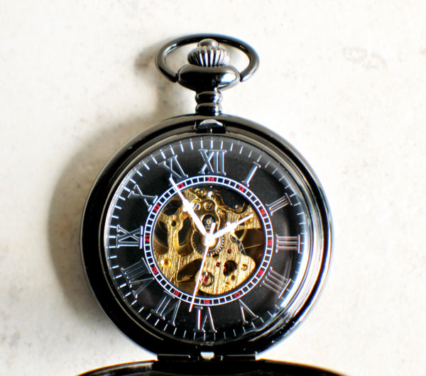 Bronze lion pocket watch, mechanical pocket watch in black. - Char's Favorite Things - 4