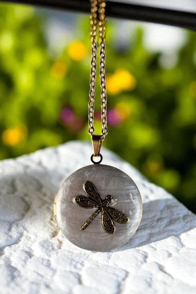 Photo Locket Dragonfly: Cream Enamel & Gold-Plated Necklace