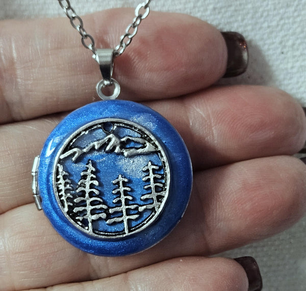 Photo Locket Blue Enamel : Mountain Forest Scene