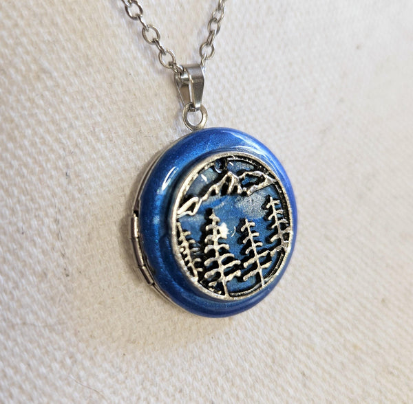 Photo Locket Blue Enamel : Mountain Forest Scene