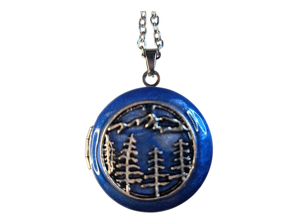Photo Locket Blue Enamel : Mountain Forest Scene