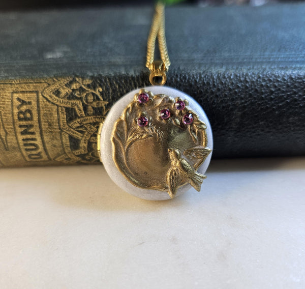 Photo Locket: Dove  Cream Enamel, Pink Crystals