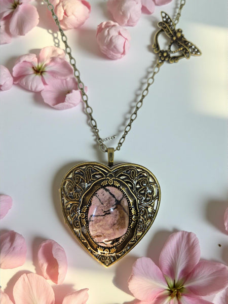 Rhodonite Jasper Music Box Locket: Heart Pendant Necklace
