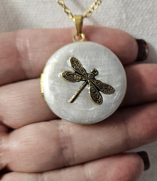 Photo Locket Dragonfly: Cream Enamel & Gold-Plated Necklace