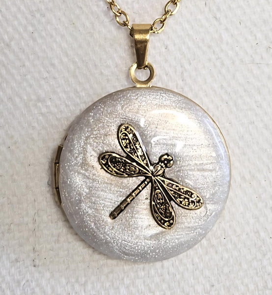 Photo Locket Dragonfly: Cream Enamel & Gold-Plated Necklace