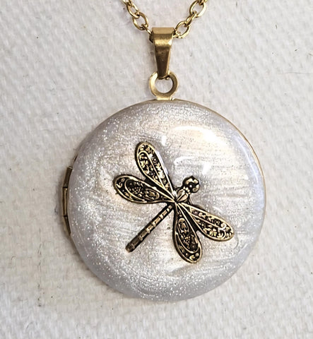 Photo Locket Dragonfly: Cream Enamel & Gold-Plated Necklace