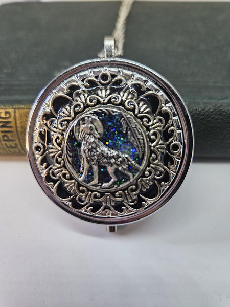 Wolf & Moon Music Box Locket: Silvertone Filigree Pendant