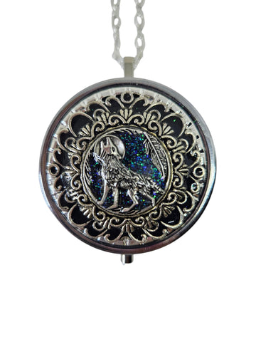 Wolf & Moon Music Box Locket: Silvertone Filigree Pendant
