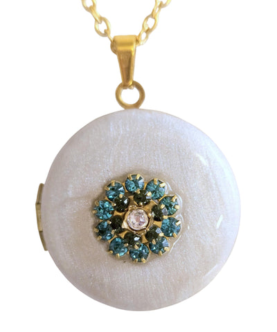 Photo Locket Cream Jeweled : Round Crystal Keepsake