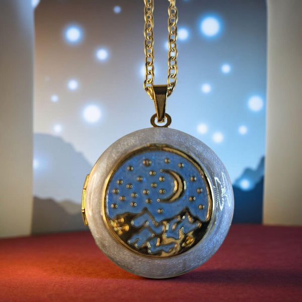 Photo Locket Gold-Plated : Blue Enamel Moon and Stars