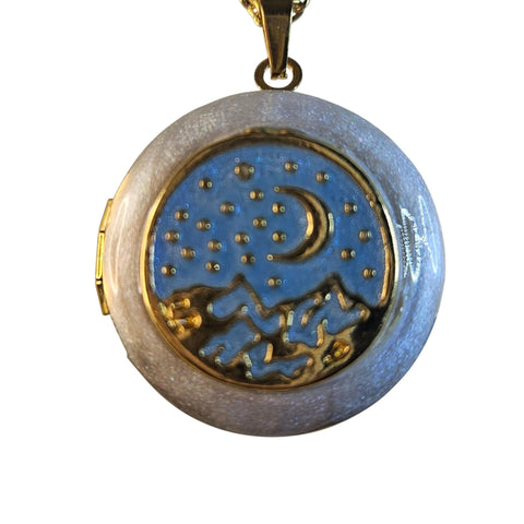 Photo Locket Gold-Plated : Blue Enamel Moon and Stars