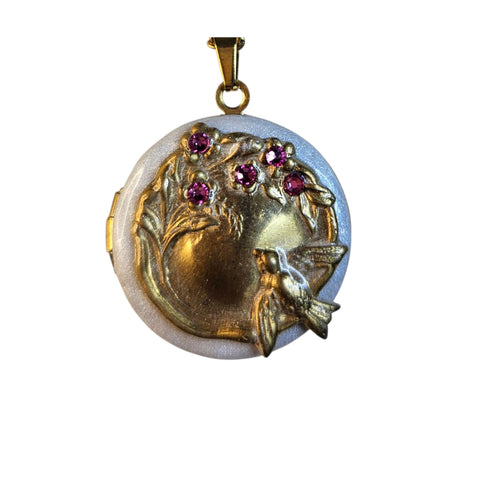 Photo Locket: Dove  Cream Enamel, Pink Crystals