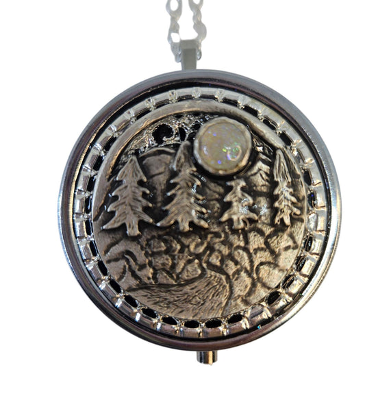 Forest Moon Music Box Locket Necklace: Silver Tone Pendant