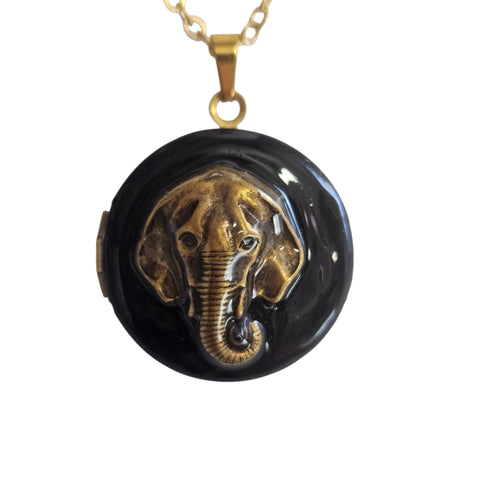 Elephant Photo Locket: Black Enamel & Gold Plated
