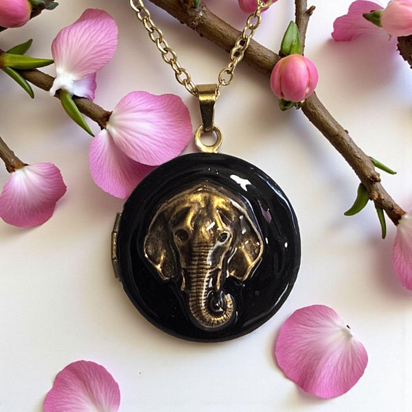 Elephant Photo Locket: Black Enamel & Gold Plated