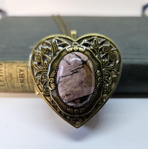 Rhodonite Jasper Music Box Locket: Heart Pendant Necklace