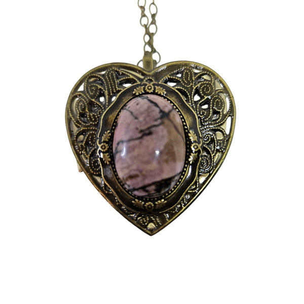 Rhodonite Jasper Music Box Locket: Heart Pendant Necklace