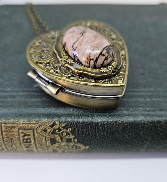 Rhodonite Jasper Music Box Locket: Heart Pendant Necklace