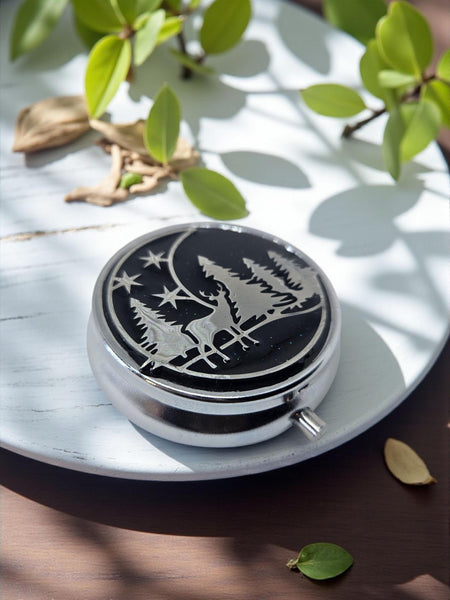 Music Box Locket Winter Scene Necklace: Deer, Trees, Moon