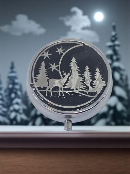 Music Box Locket Winter Scene Necklace: Deer, Trees, Moon