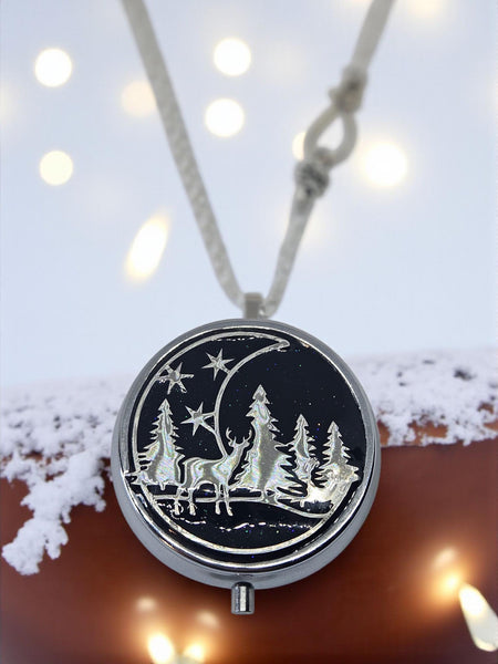 Music Box Locket Winter Scene Necklace: Deer, Trees, Moon