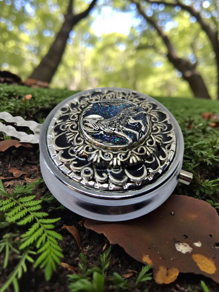 Wolf & Moon Music Box Locket: Silvertone Filigree Pendant