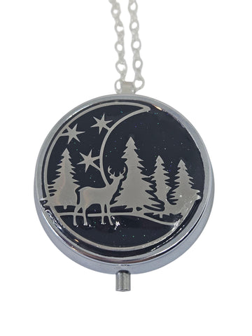 Music Box Locket Winter Scene Necklace: Deer, Trees, Moon
