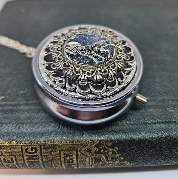 Wolf & Moon Music Box Locket: Silvertone Filigree Pendant