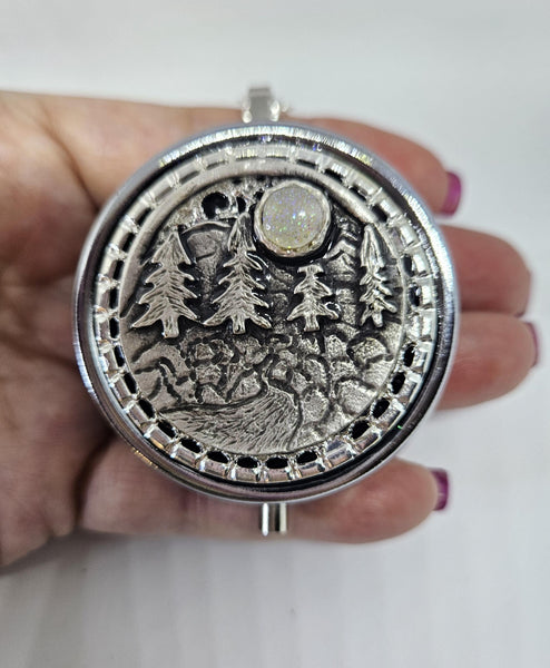 Forest Moon Music Box Locket Necklace: Silver Tone Pendant