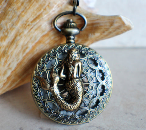 Mermaid pocket watch, men's mechanical pocket watch with mermaid mounted on front cover. - Char's Favorite Things - 1