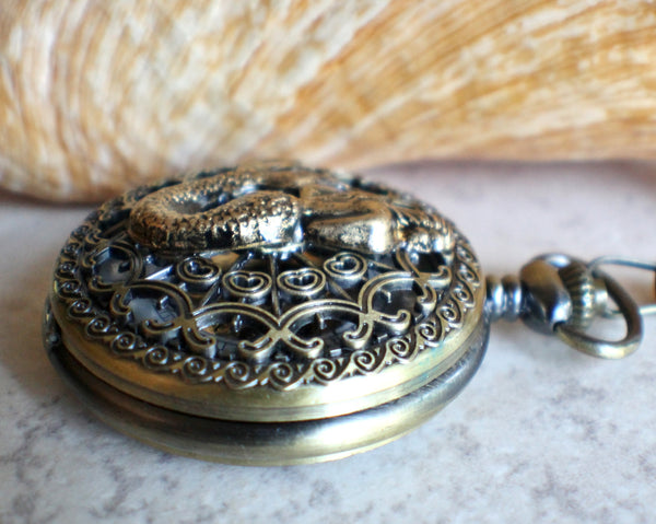 Mermaid pocket watch, men's mechanical pocket watch with mermaid mounted on front cover. - Char's Favorite Things - 2