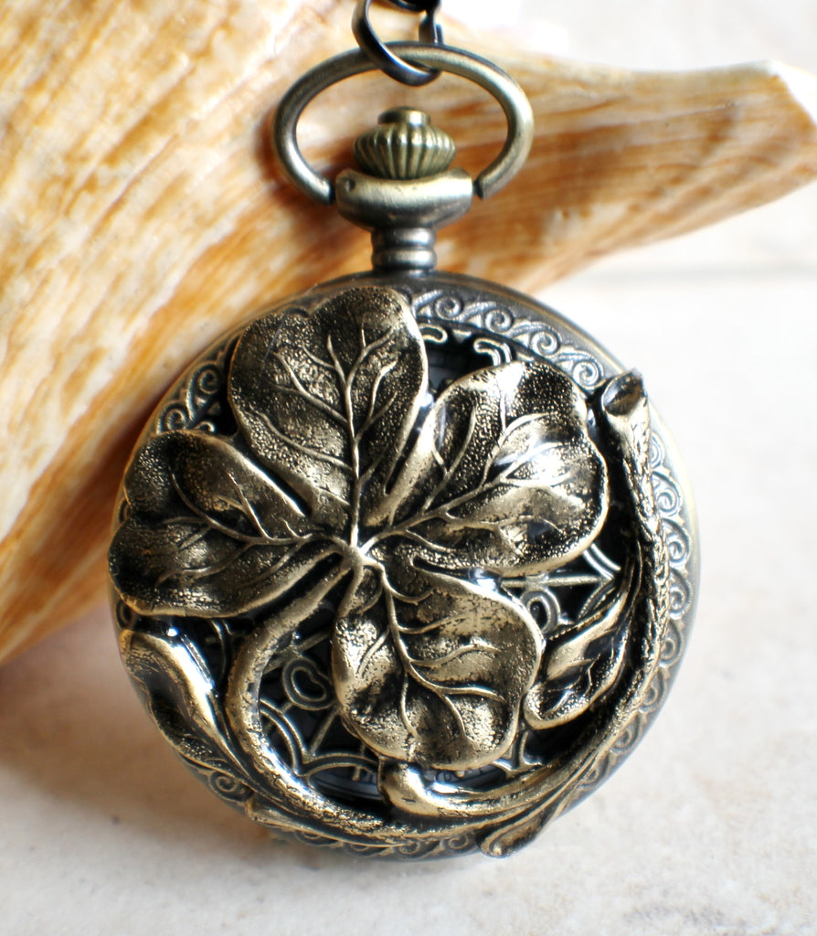 Four leaf clover pocket watch in bronze, battery operated. - Char's Favorite Things - 1
