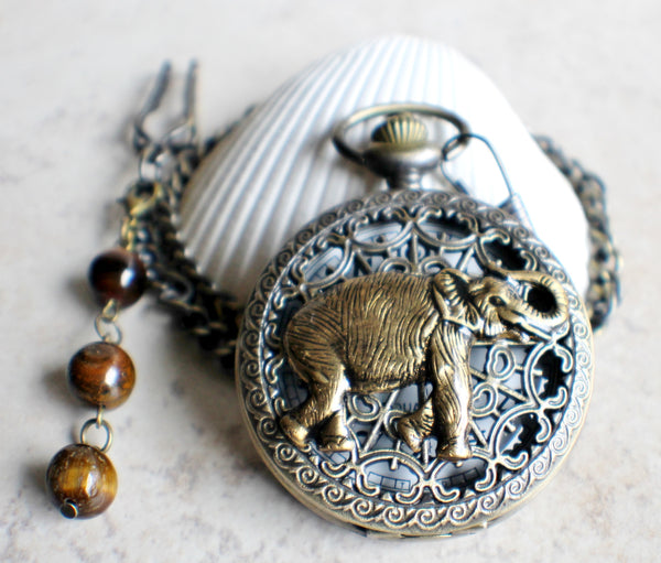 Elephant pocket watch,  Men's elephant pocket watch with tiger eye beads adorning chain - Char's Favorite Things - 3
